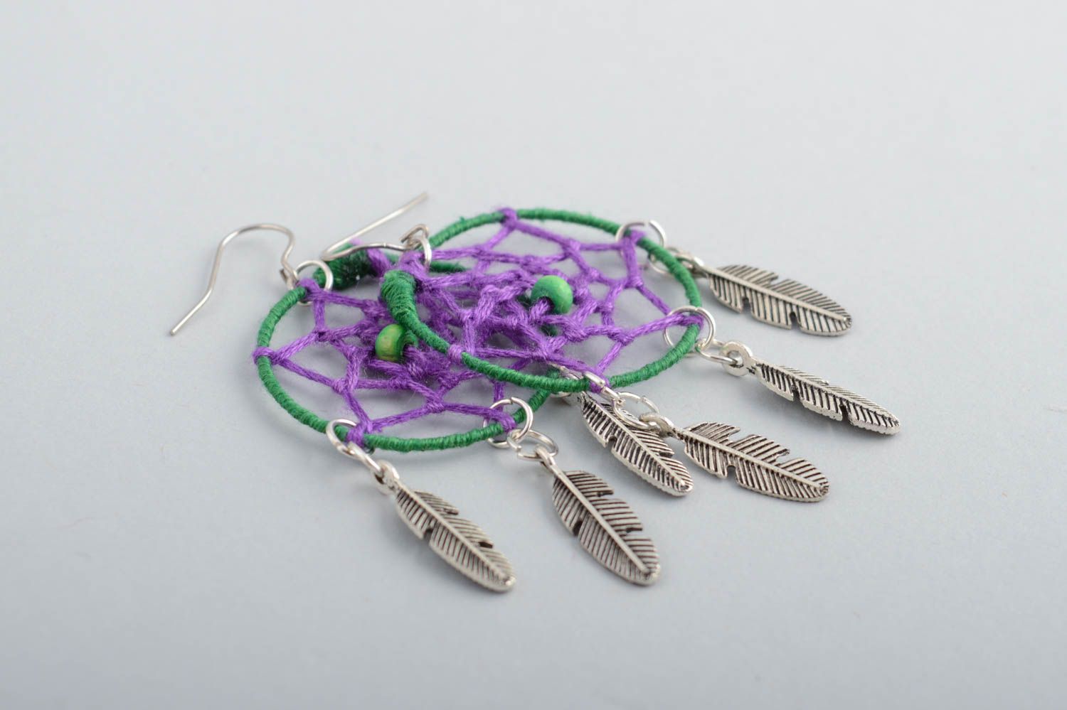 Handmade long danging earrings dreamcatcher green and violet with metal feathers photo 4