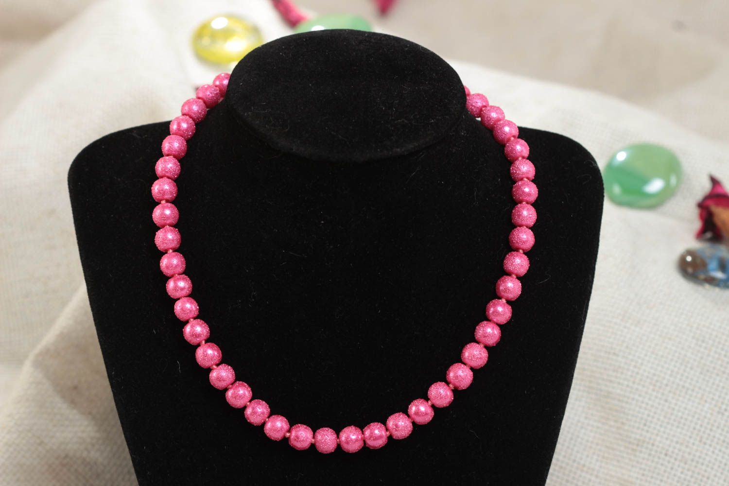 Stylish bright handmade pink bead necklace for children photo 1