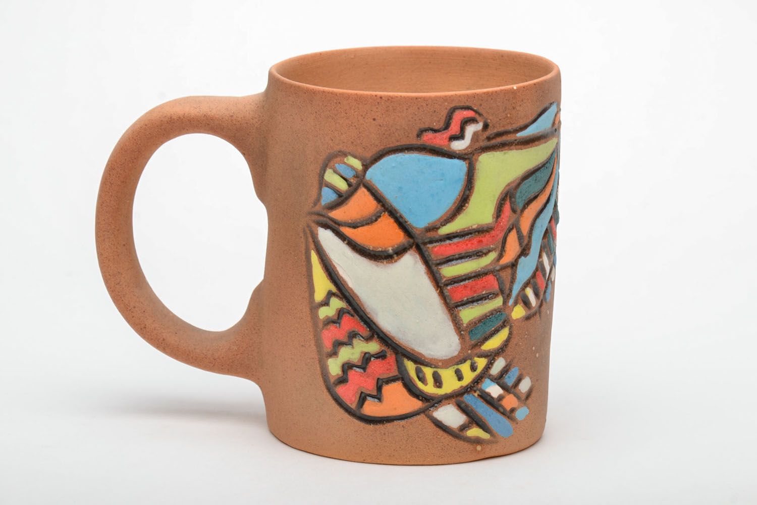 Clay ceramic art style coffee mug with a bright pattern photo 3