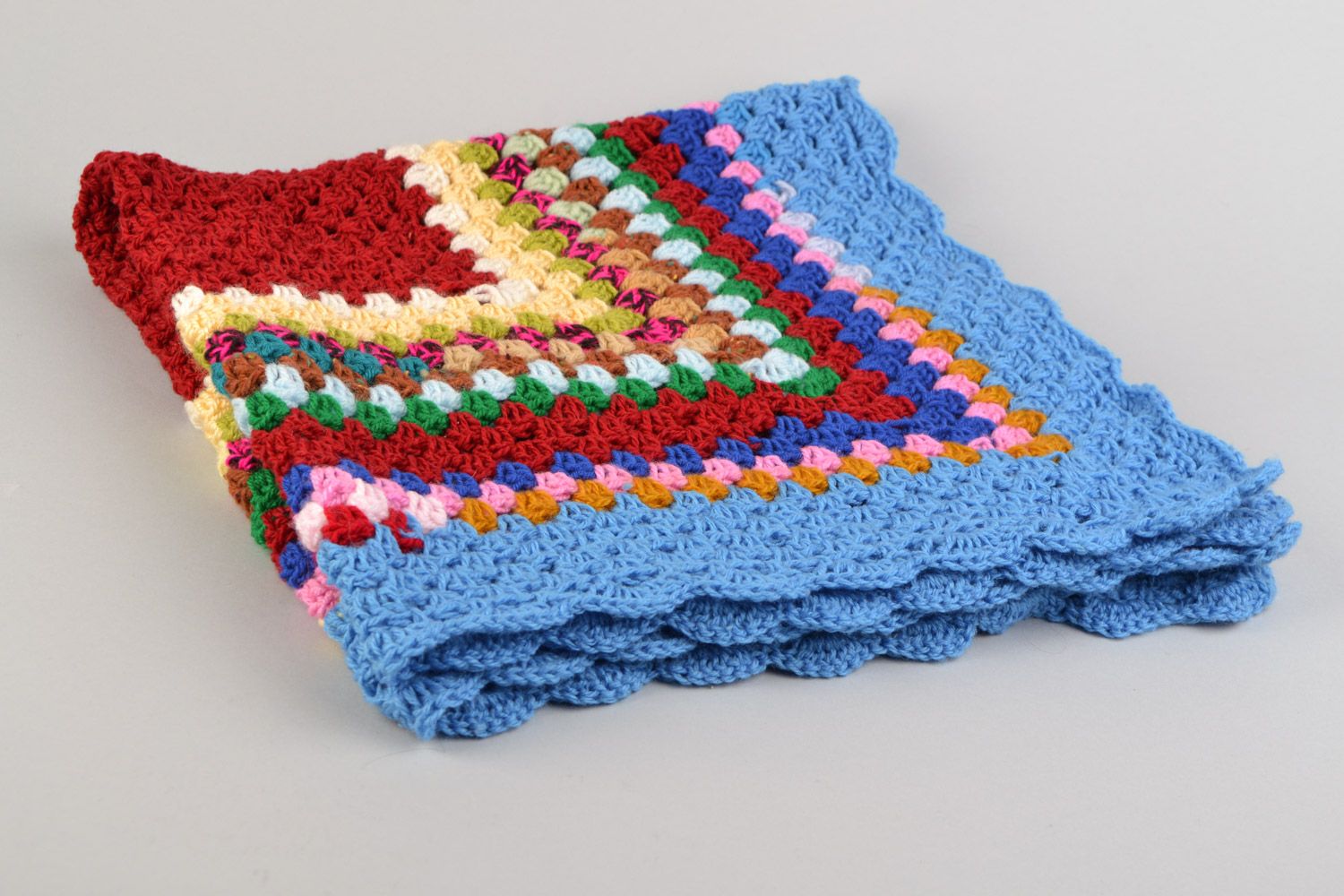 Handmade small blanket crocheted of semi-woolen colorful threads for children photo 5