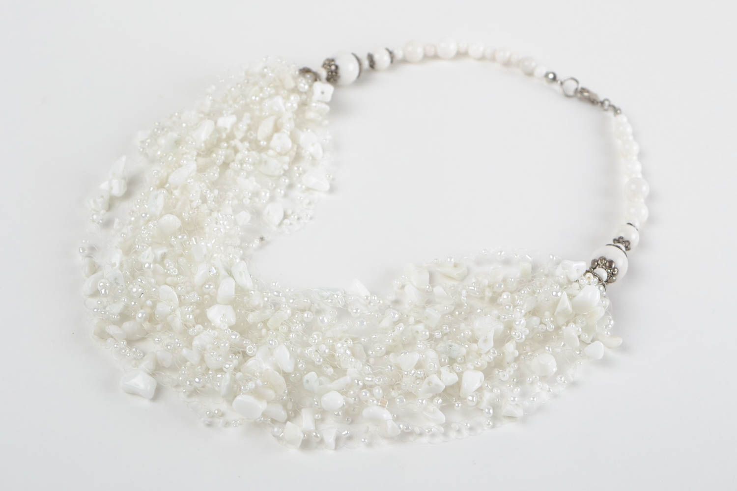 Handmade cute light airy white necklace made of beads and natural stones photo 3