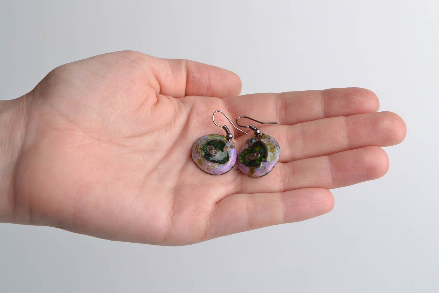 Handmade round violet enameled copper dangling earrings with apples images photo 2