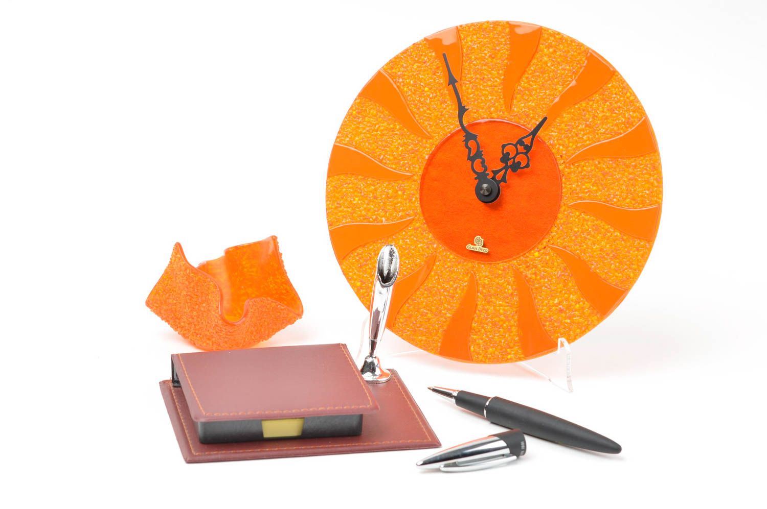 Bougeoir design Horloge murale ronde fait main Cadeau original orange en verre photo 1