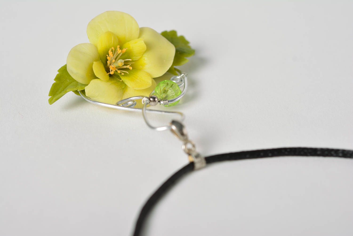 Beautiful handmade designer polymer clay flower pendant with black cord photo 2