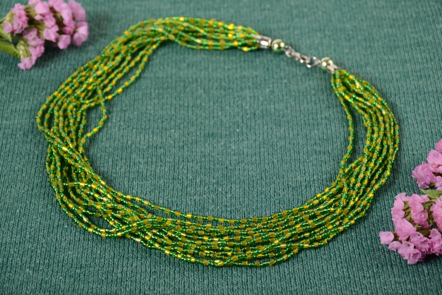 Collier multirang vert Bijou fait main Cadeau femme long en perles de rocaille photo 1