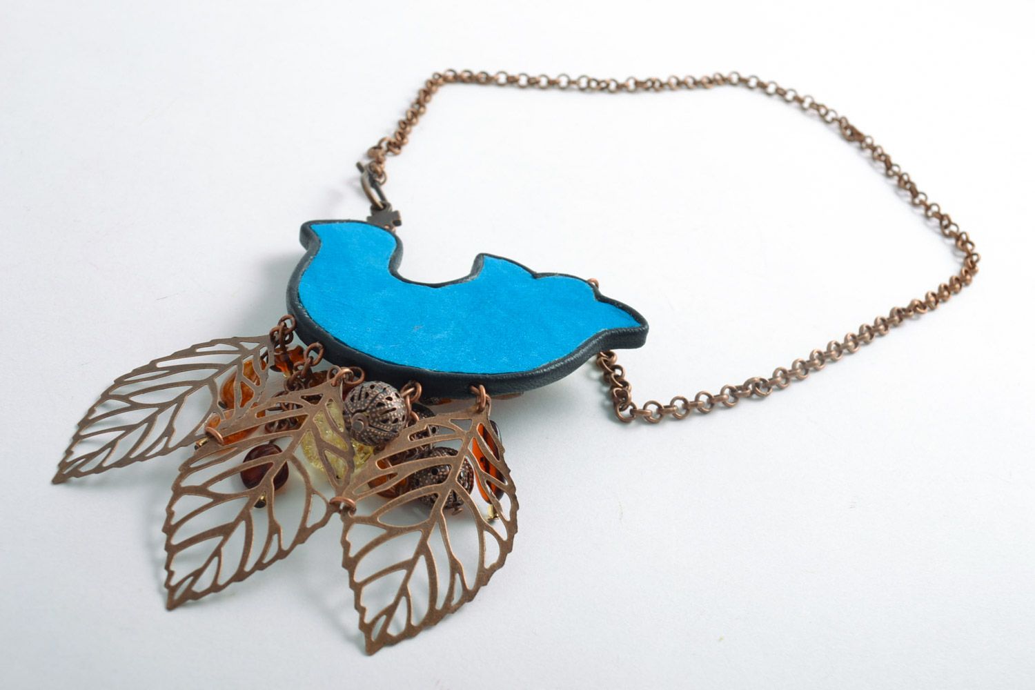 Handmade colorful necklace made of leather with natural gems in the form of a bird  photo 4