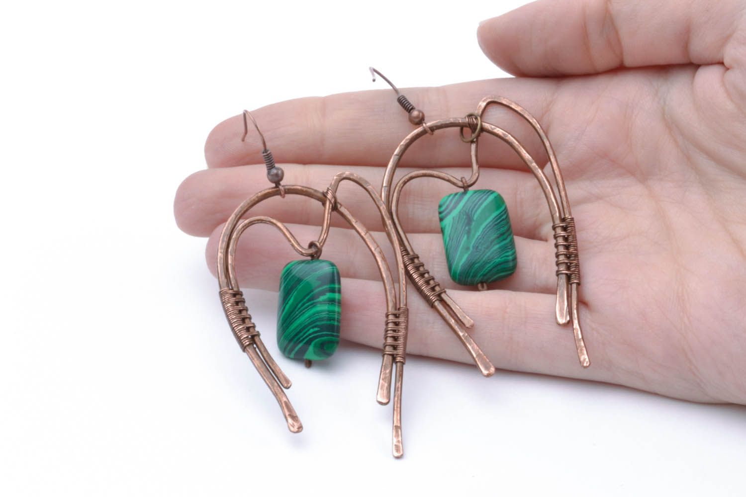Large copper earrings with malachite stone photo 2