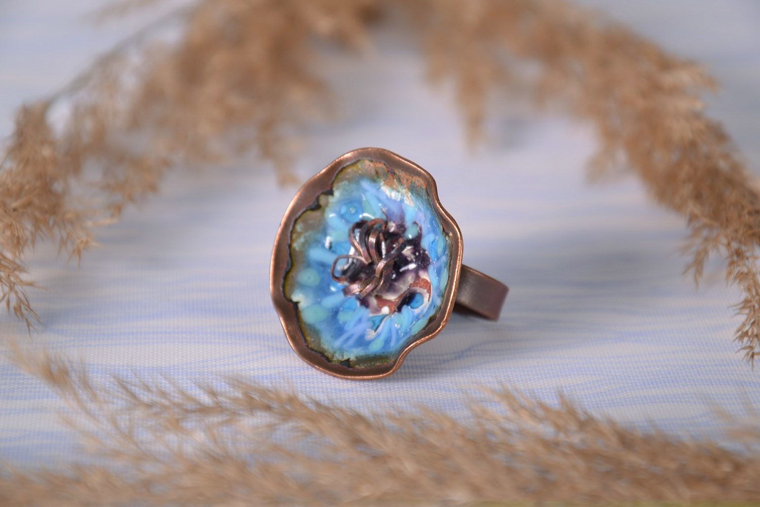 Handmade Fingerring aus Kupfer Blaue Blume foto 2
