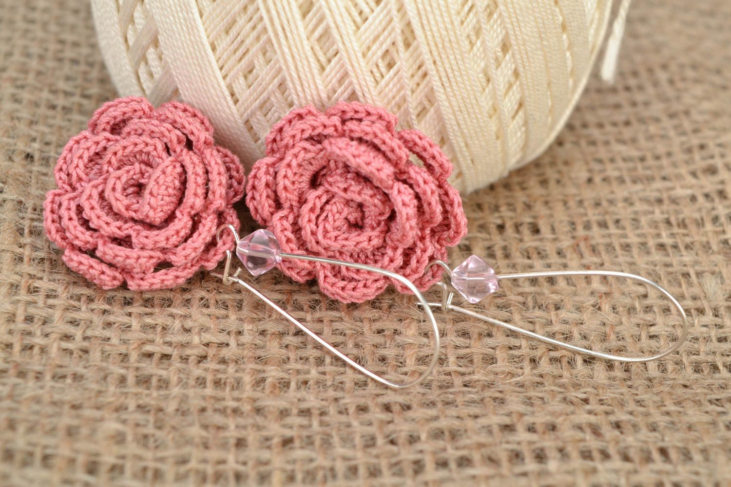 Handmade dangling earrings crocheted of cotton threads pink flowers with beads photo 1