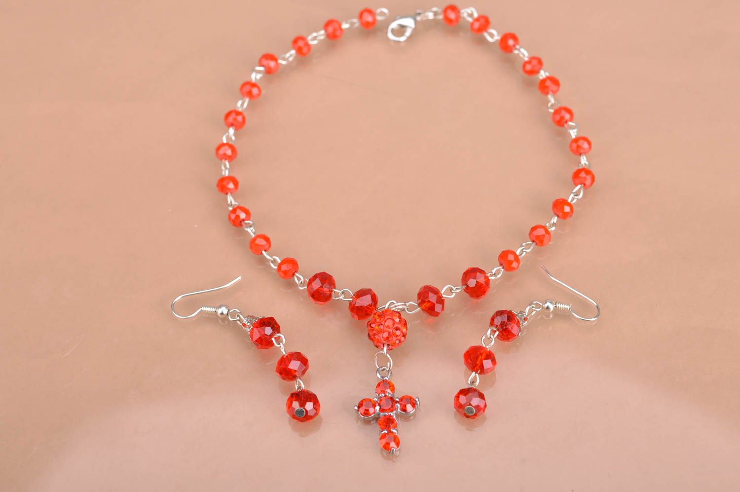 Handmade red beaded jewelry set cross pendant necklace and dangling earrings photo 2