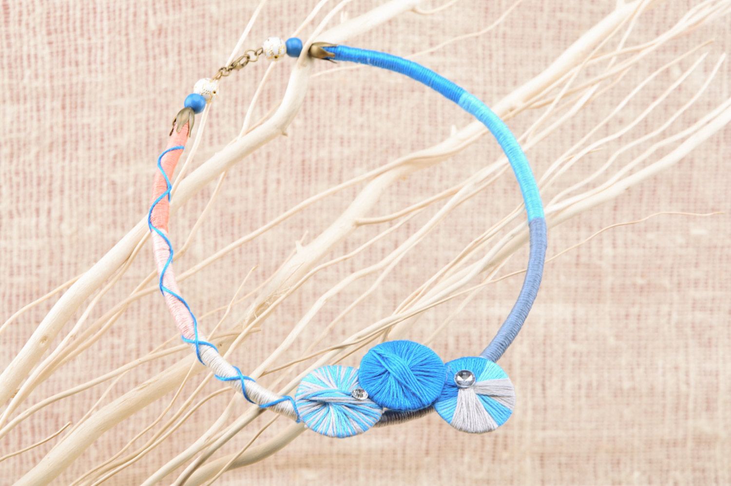 Handmade embroidery threads laconic necklace in blue color palette for women photo 5