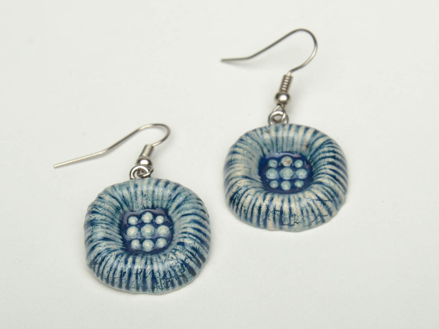 Handmade ceramic earrings with enamel painting of blue and white colors photo 2