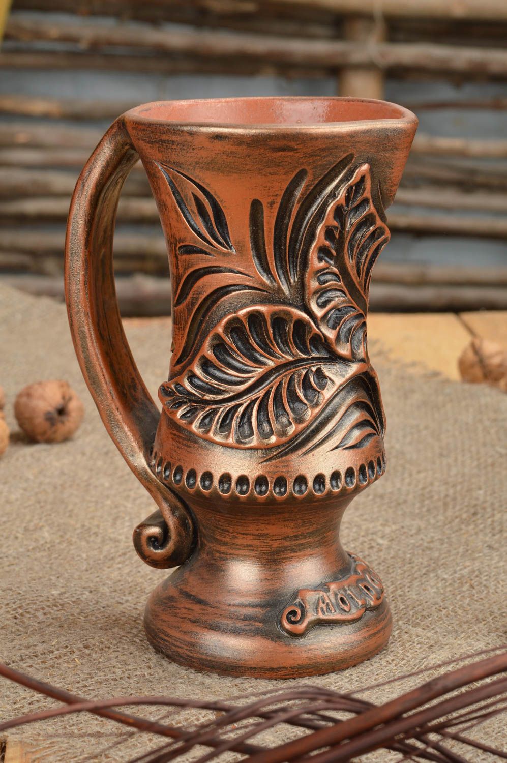 Beautiful homemade designer brown ceramic mug with patterns 300 ml clay glass photo 1