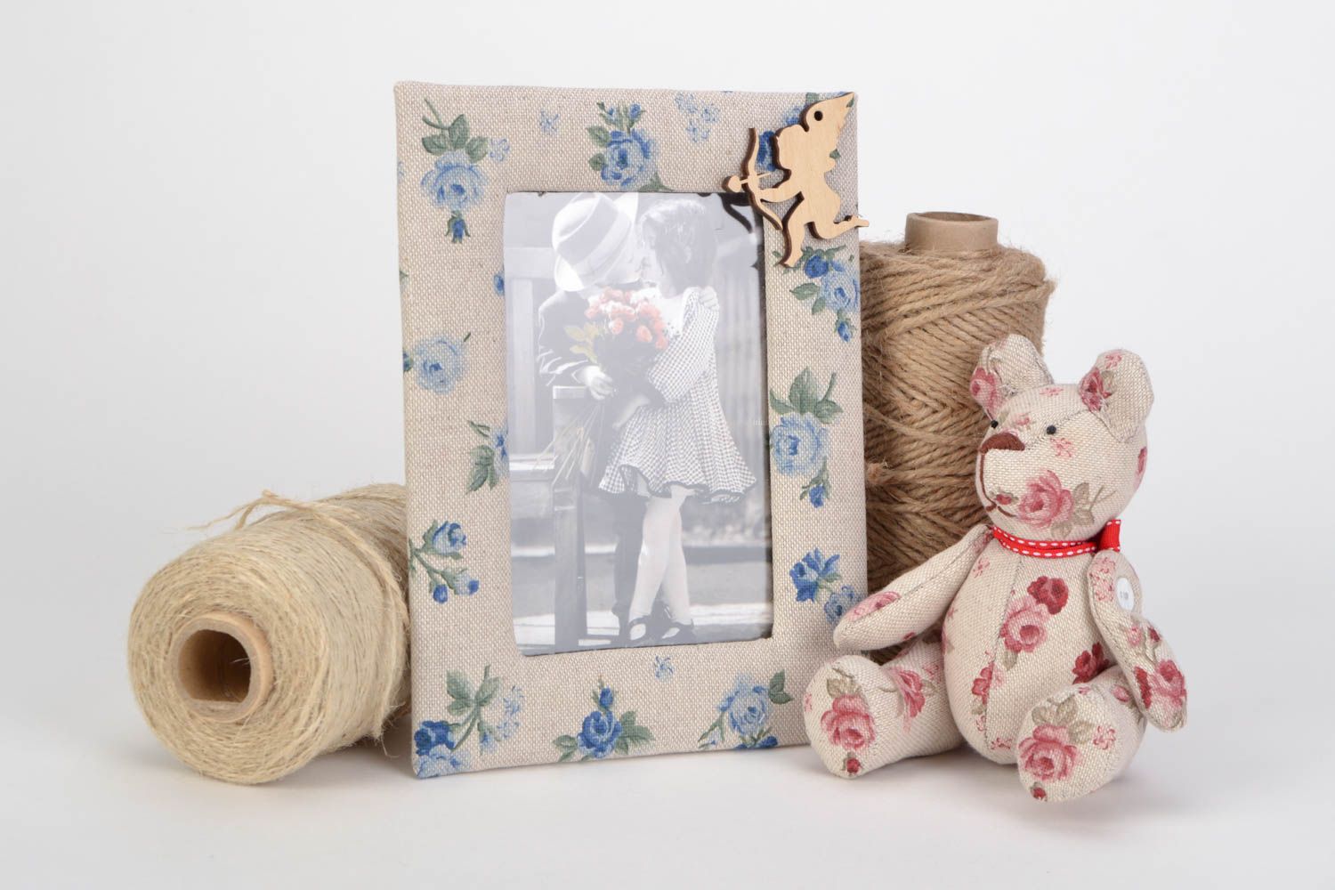 Cadre photo en tissu naturel beige à motif floral fait main vintage original photo 1