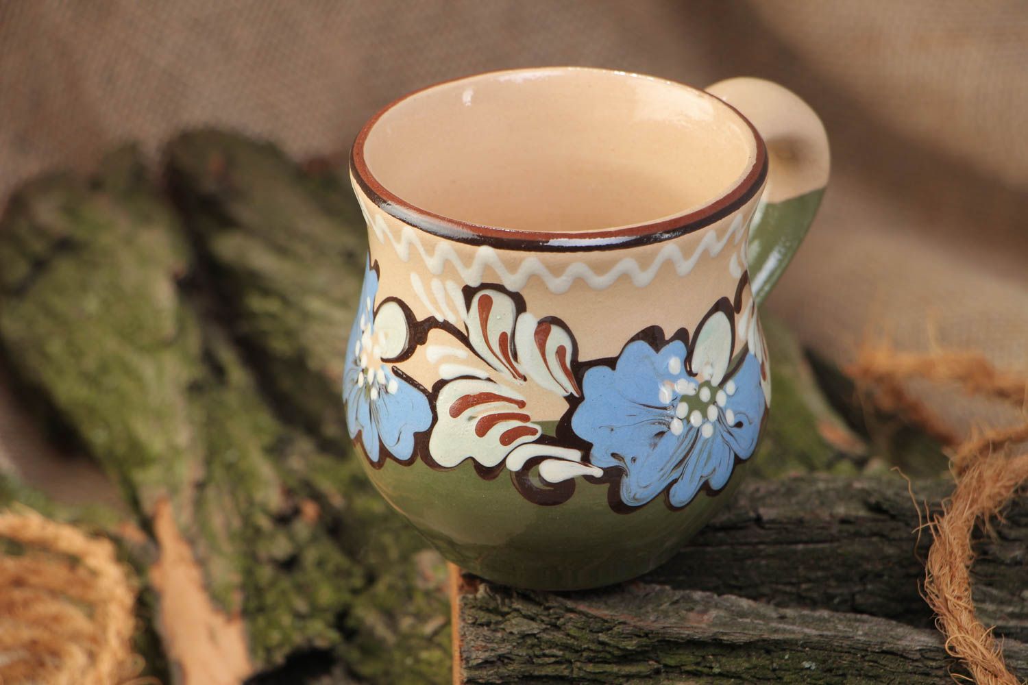 Clay glazed decorative coffee mug with blue flowers with handle 6 oz photo 1
