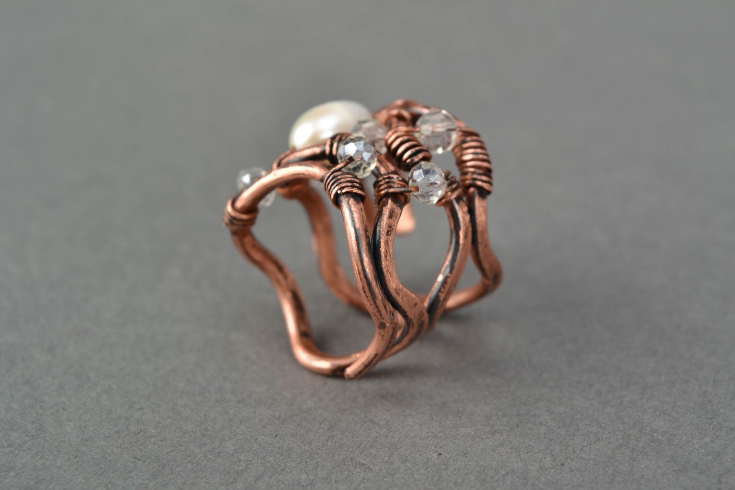 Wide copper ring with pearl wire wrap photo 4