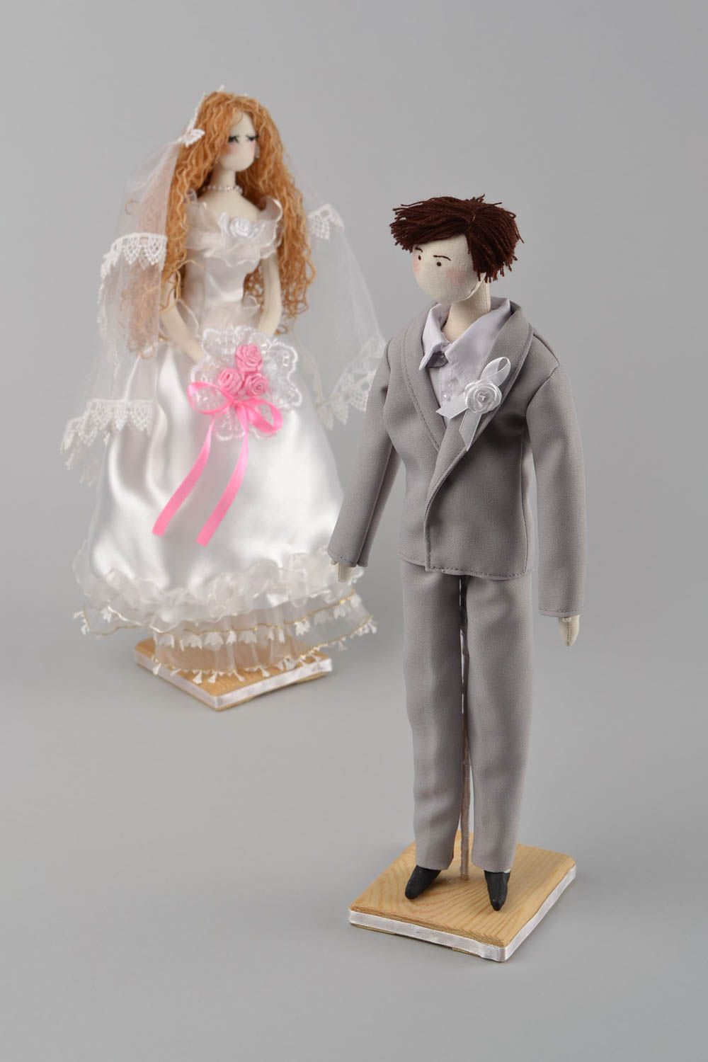 Set of 2 handmade designer fabric wedding soft dolls with stands bride and Groom photo 3