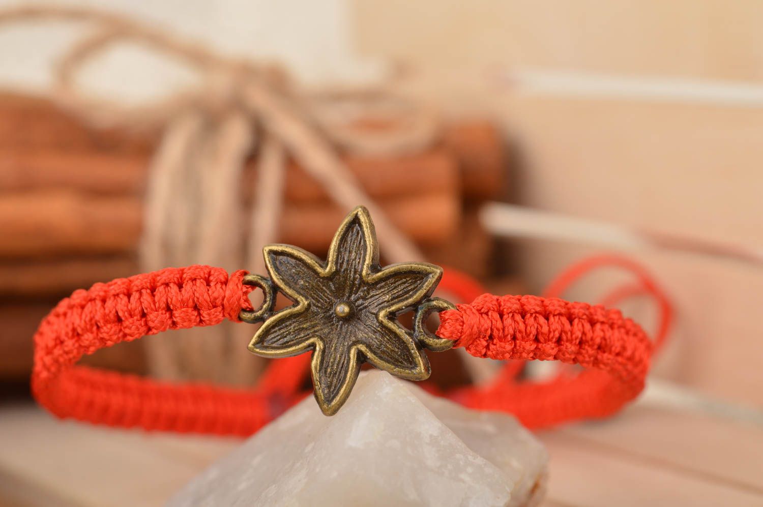 Handmade wrist bracelet accessory with metal flower silk unusual jewelry photo 1