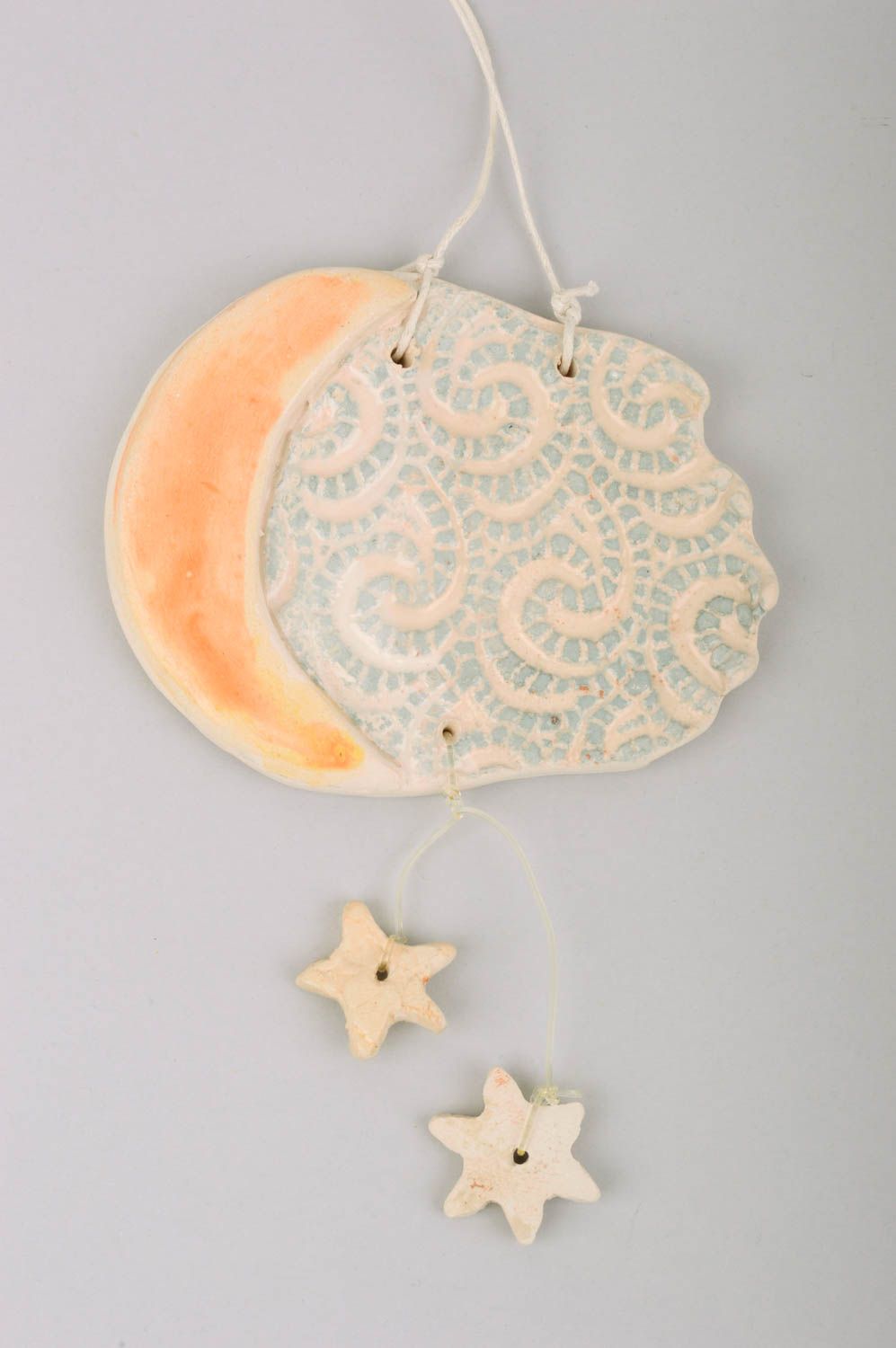 Handmade Keramik Wandbild Deko zum Hängen Designer Geschenk Mond und Sterne foto 1