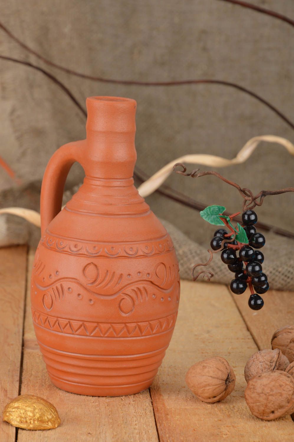 Decorative small ceramic patterned ethnic handmade bottle kilned with milk photo 1