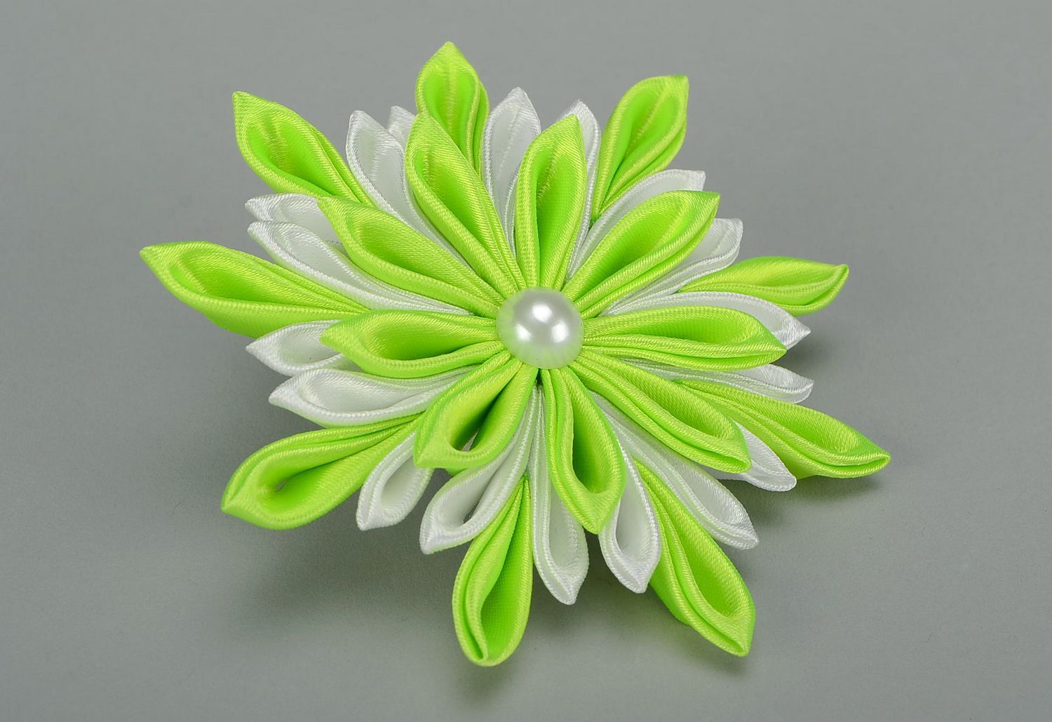 Light green-white scrunchy with satin flower photo 2