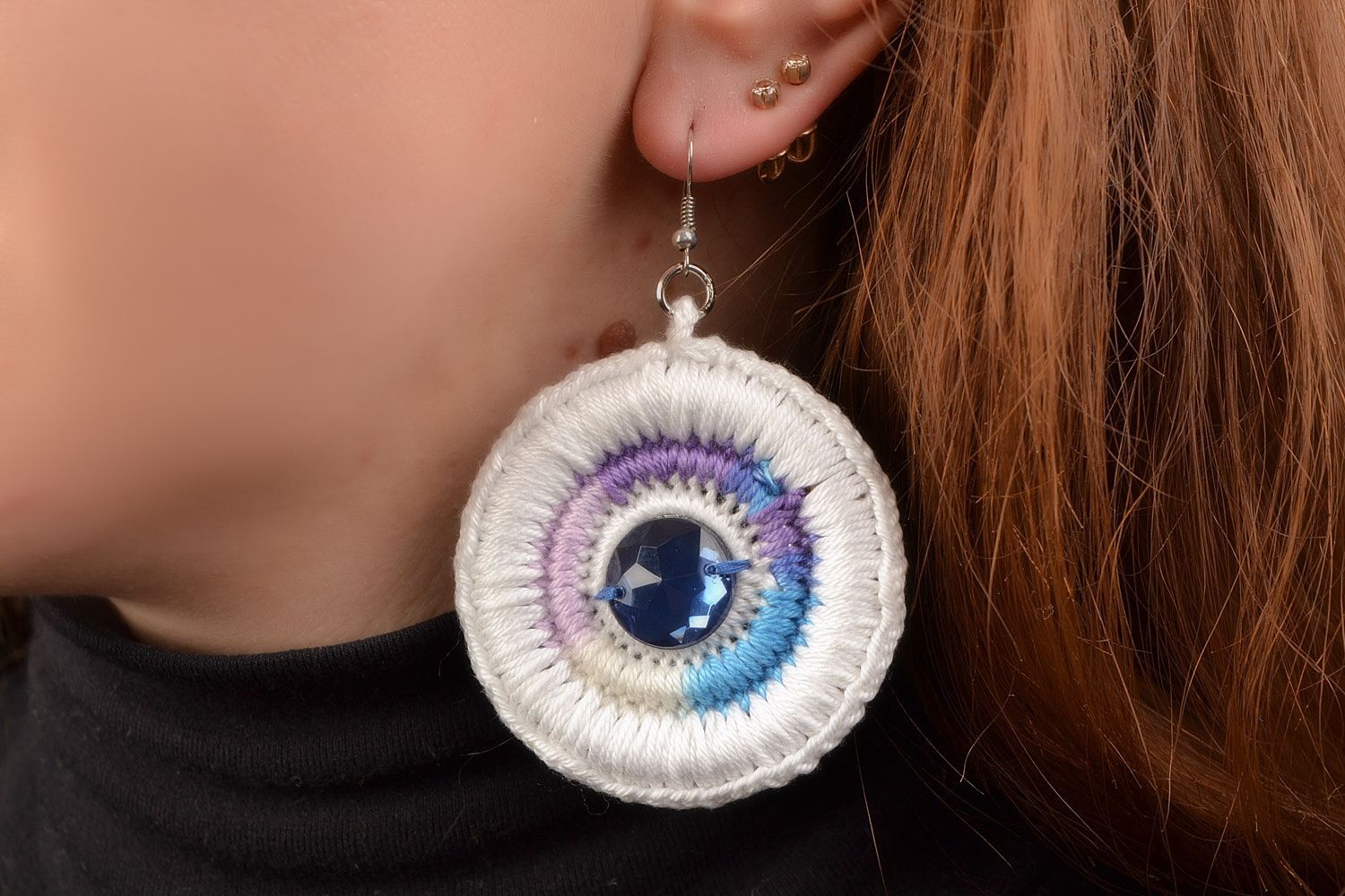 Handmade round dangling earrings woven of cotton threads with plastic cabochon photo 1