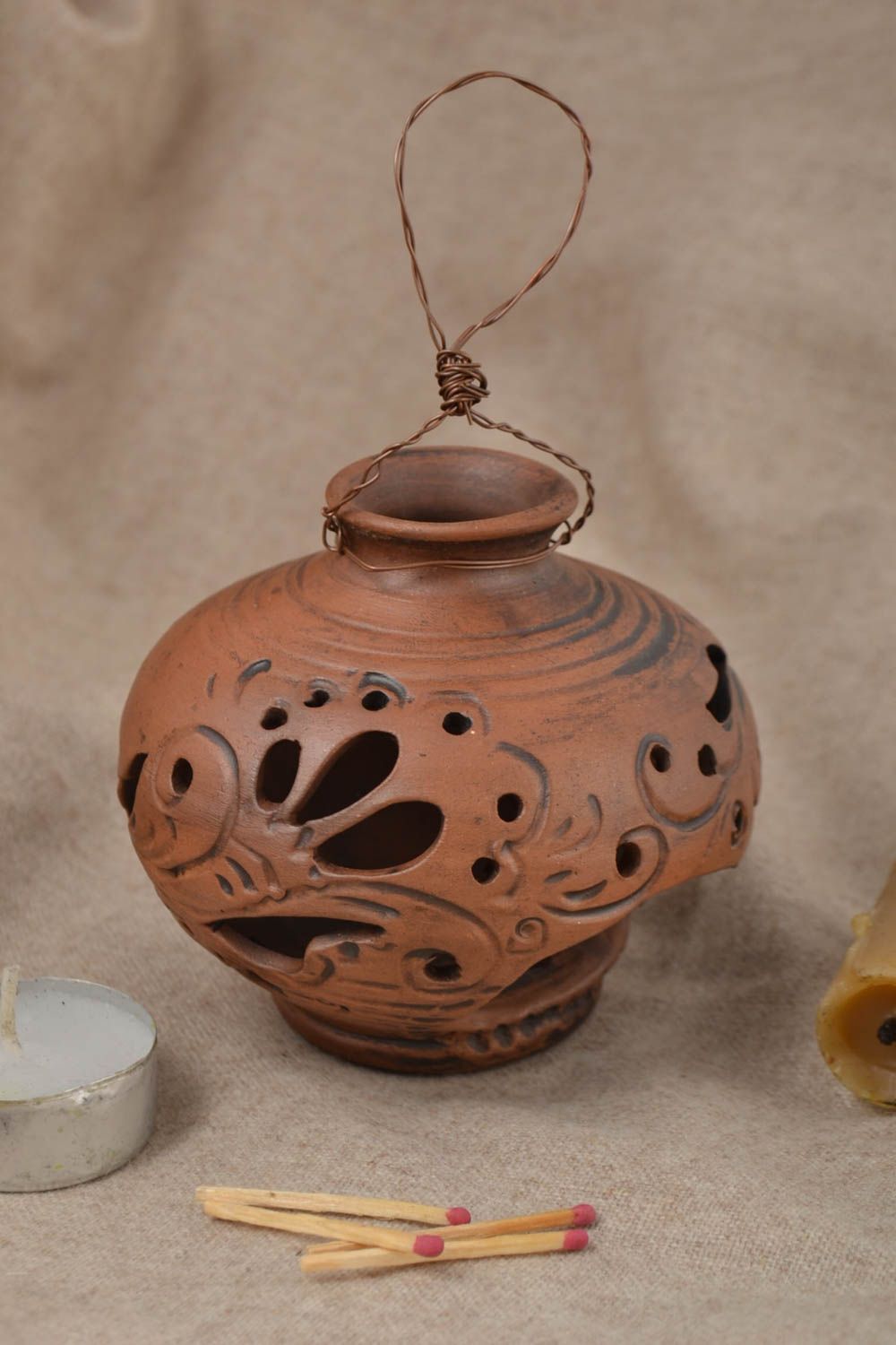 Handmade designer stylish candlestick ceramic brown candlestick ethnic decor photo 1