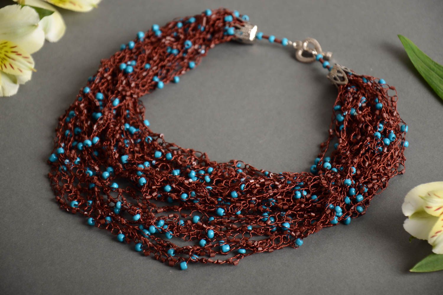 Handmade designer volume airy multi row beaded crocheted necklace blue and brown photo 1