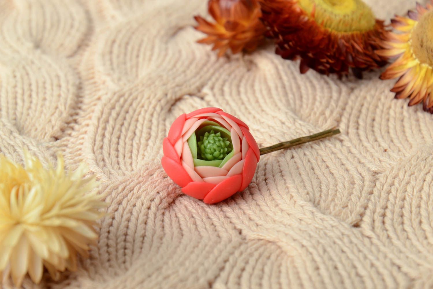 Handmade decorative metal hair pin with cold porcelain pink ranunculus flower photo 1
