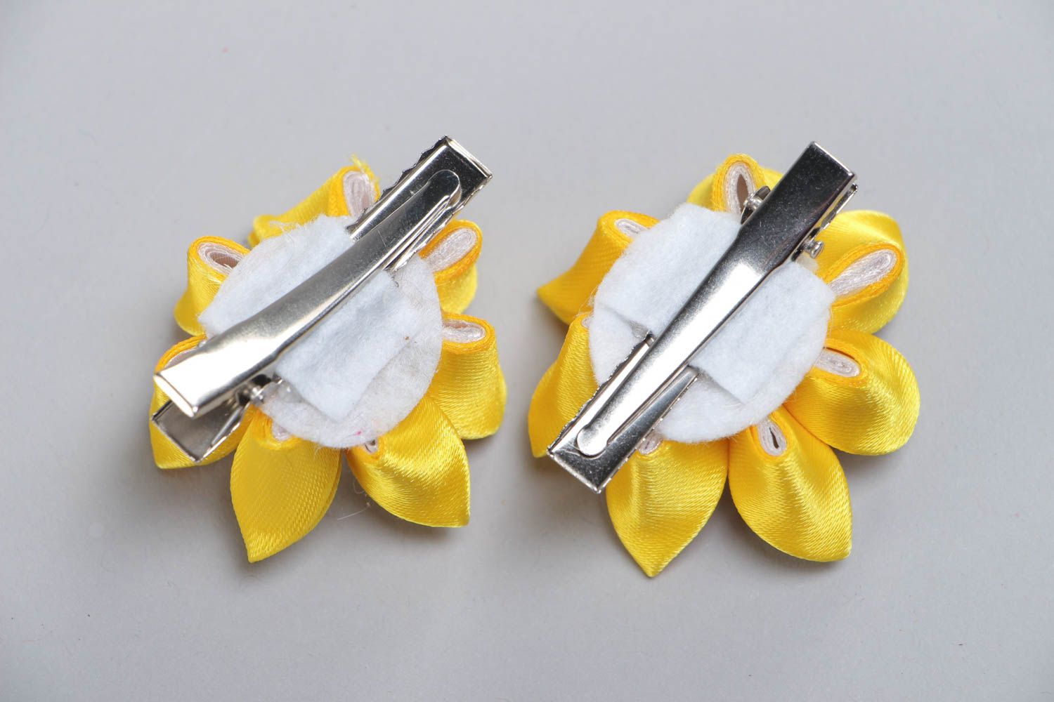 Set of handmade hairpins made using kanzashi technique in yellow color for children photo 4
