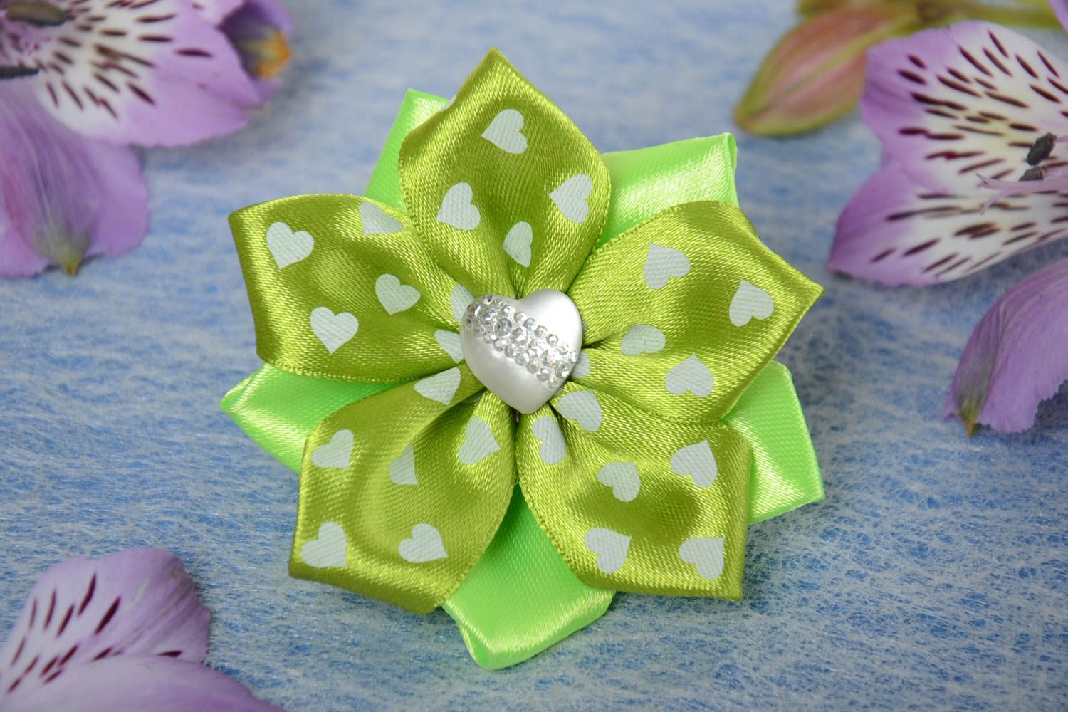Small bright handmade designer children's textile flower hair tie of lime color photo 1