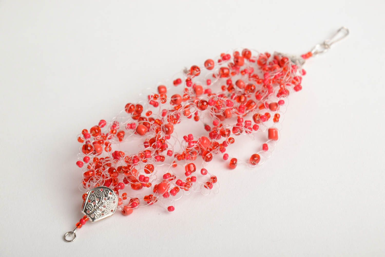 Handmade wide airy wrist bracelet crocheted of red Czech beads for women photo 3