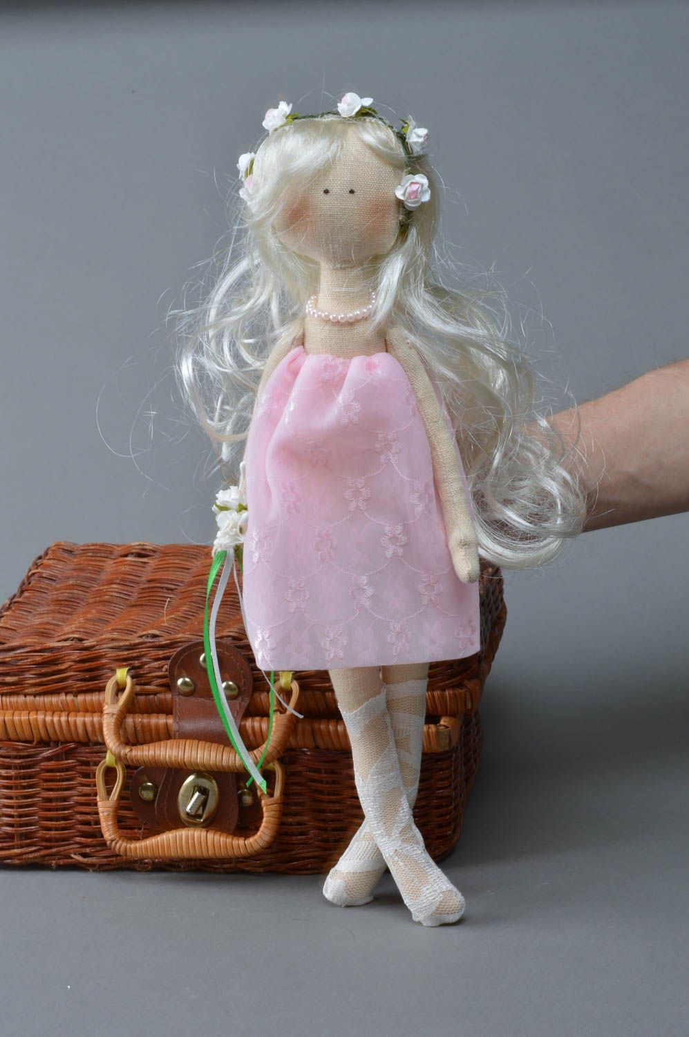 Handmade designer linen fabric interior soft doll in pink dress with light hair photo 4