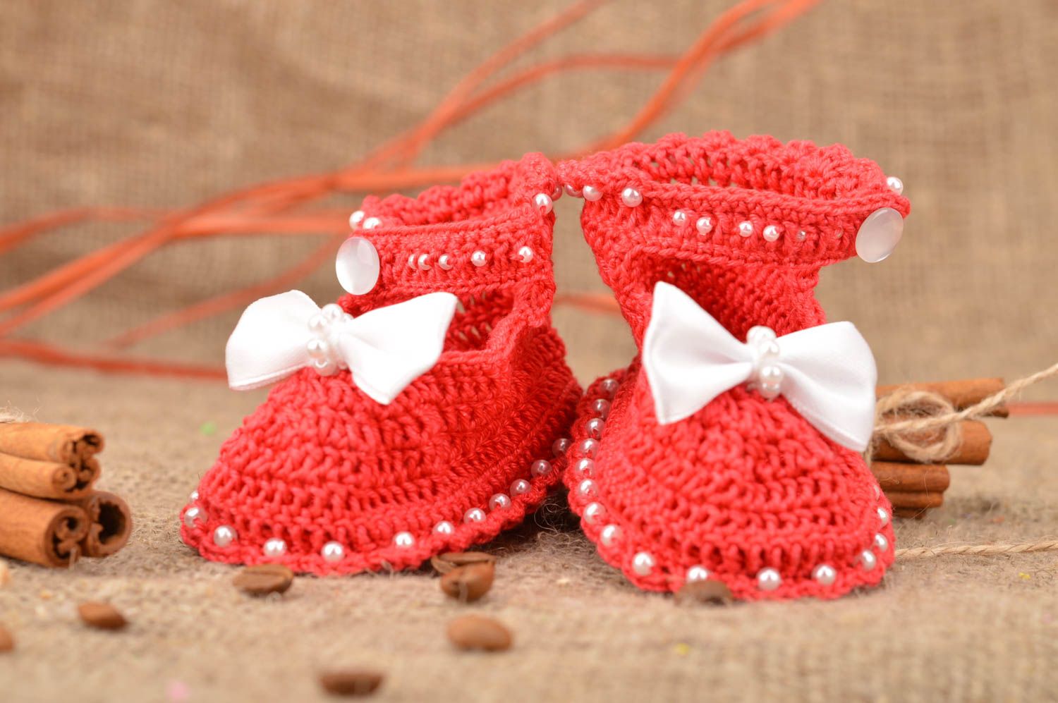 Handmade designer cotton crocheted bright red baby shoes with white bows photo 1