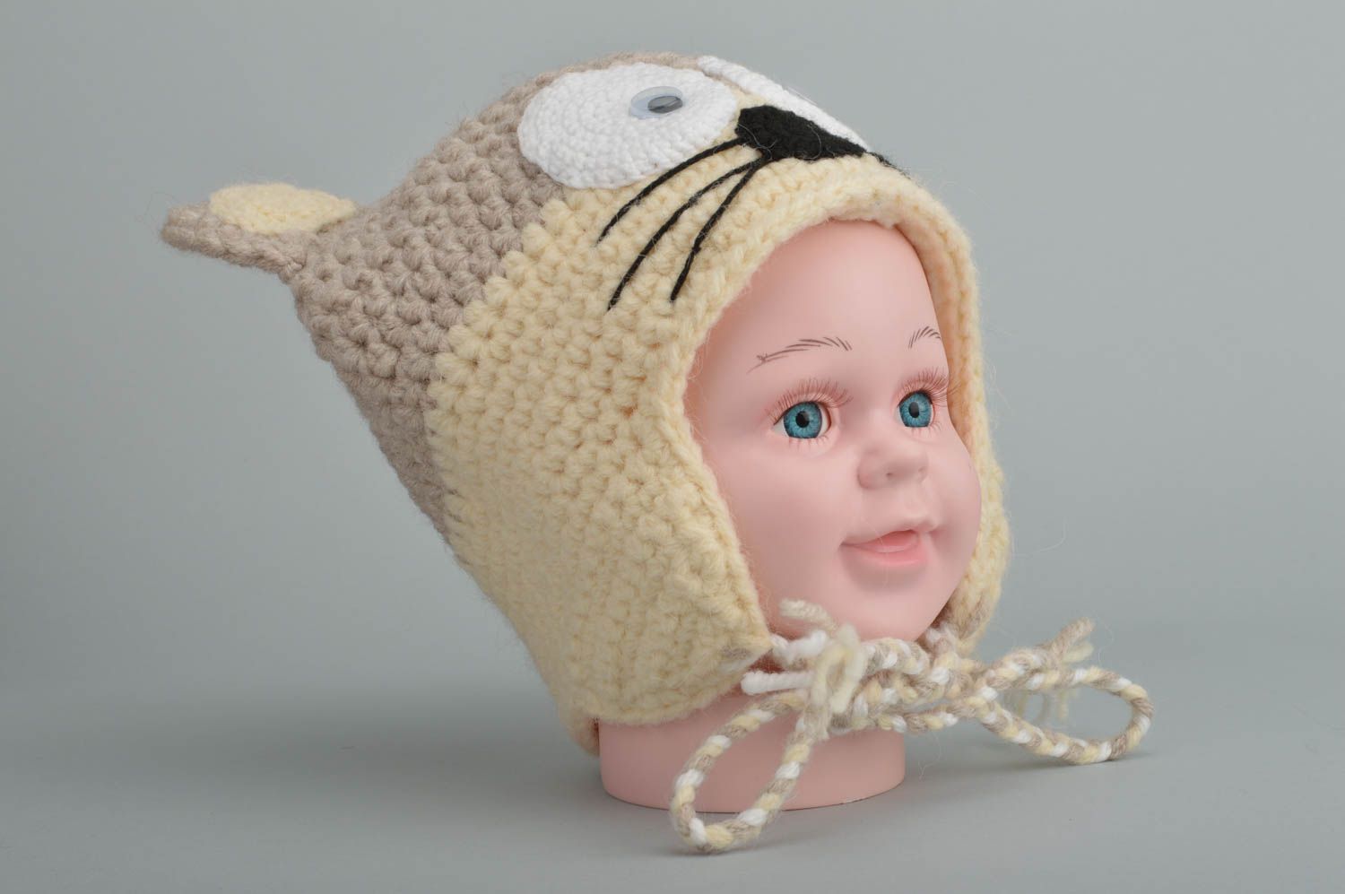 Детская шапка-мышка крючком с подкладкой из хлопка и шерсти ручная работы фото 3