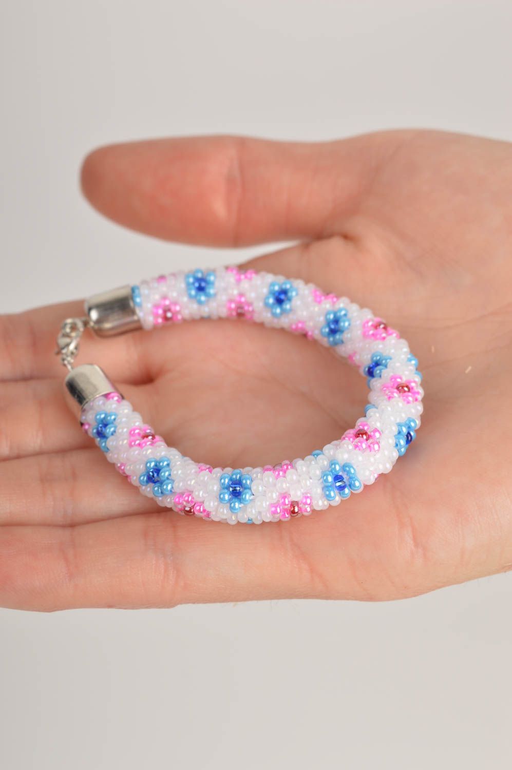 Handmade beaded bracelet cord with blue and pink flowers for girls photo 5