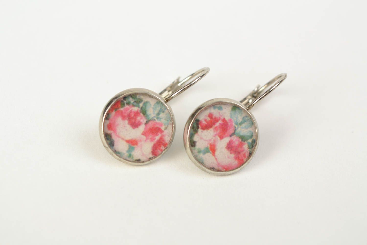 Handmade beautiful earrings with jewelry resin of round shape with decoupage  photo 4