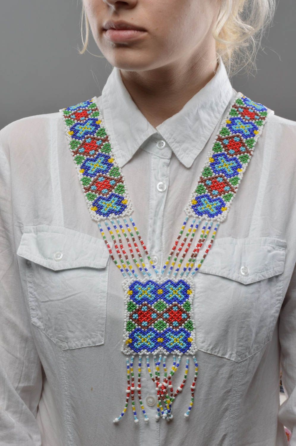 Гердан из бисера этническое ожерелье ручной работы разноцветное авторское фото 5