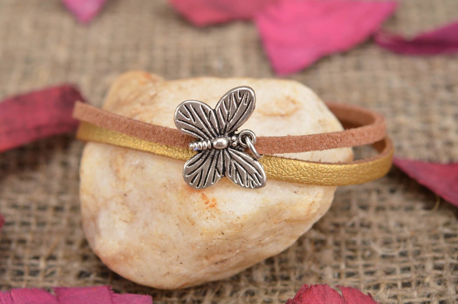 Handmade thin genuine leather wrist bracelet with butterfly charm beige and gold photo 1