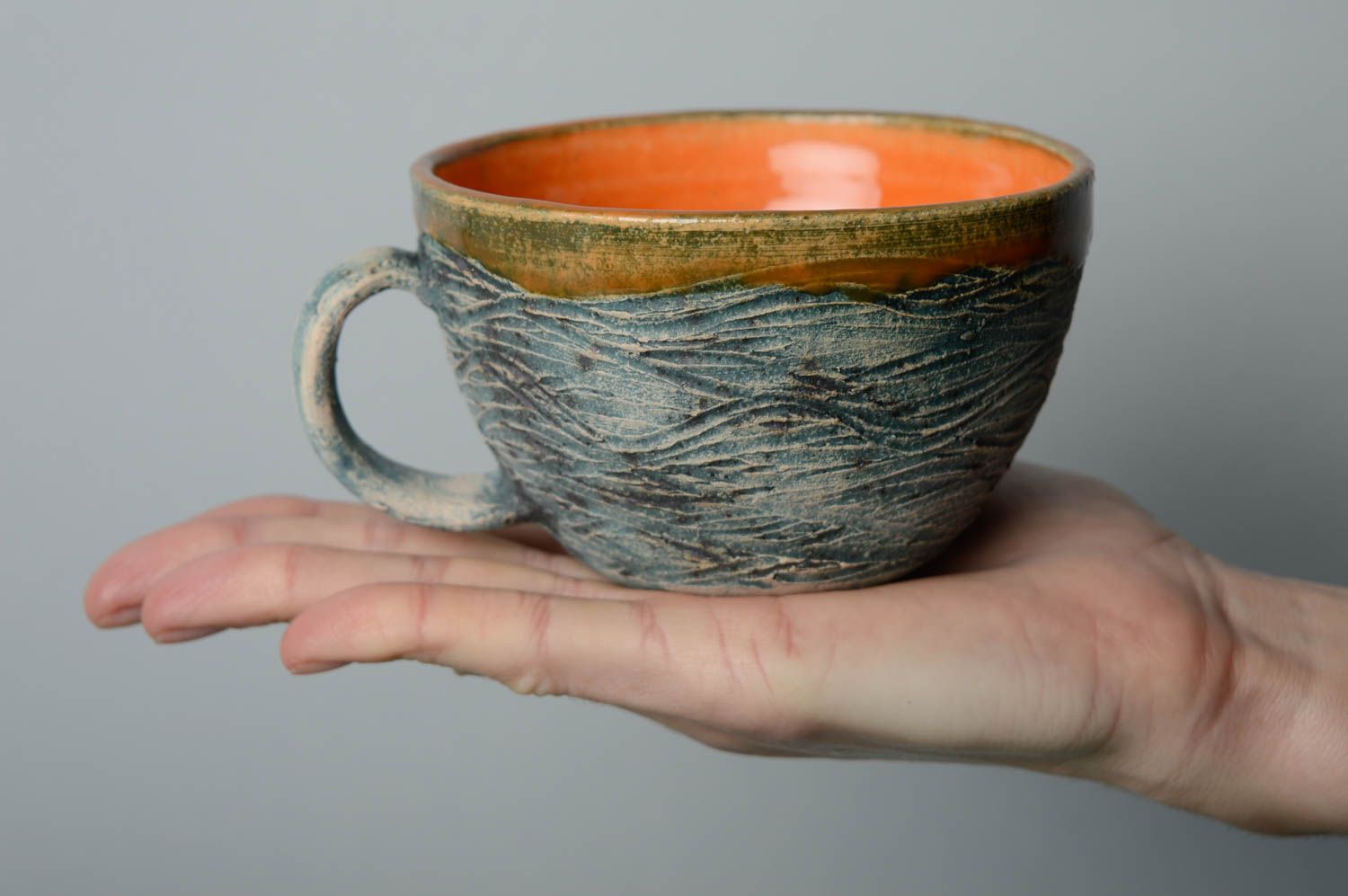 Glazed inside clay handmade drinking cup for coffee or tea photo 3