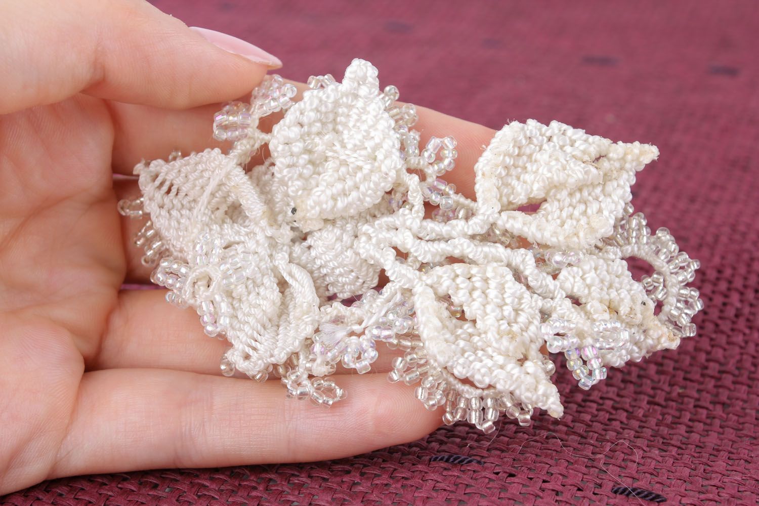 White brooch woven of beads and threads photo 1