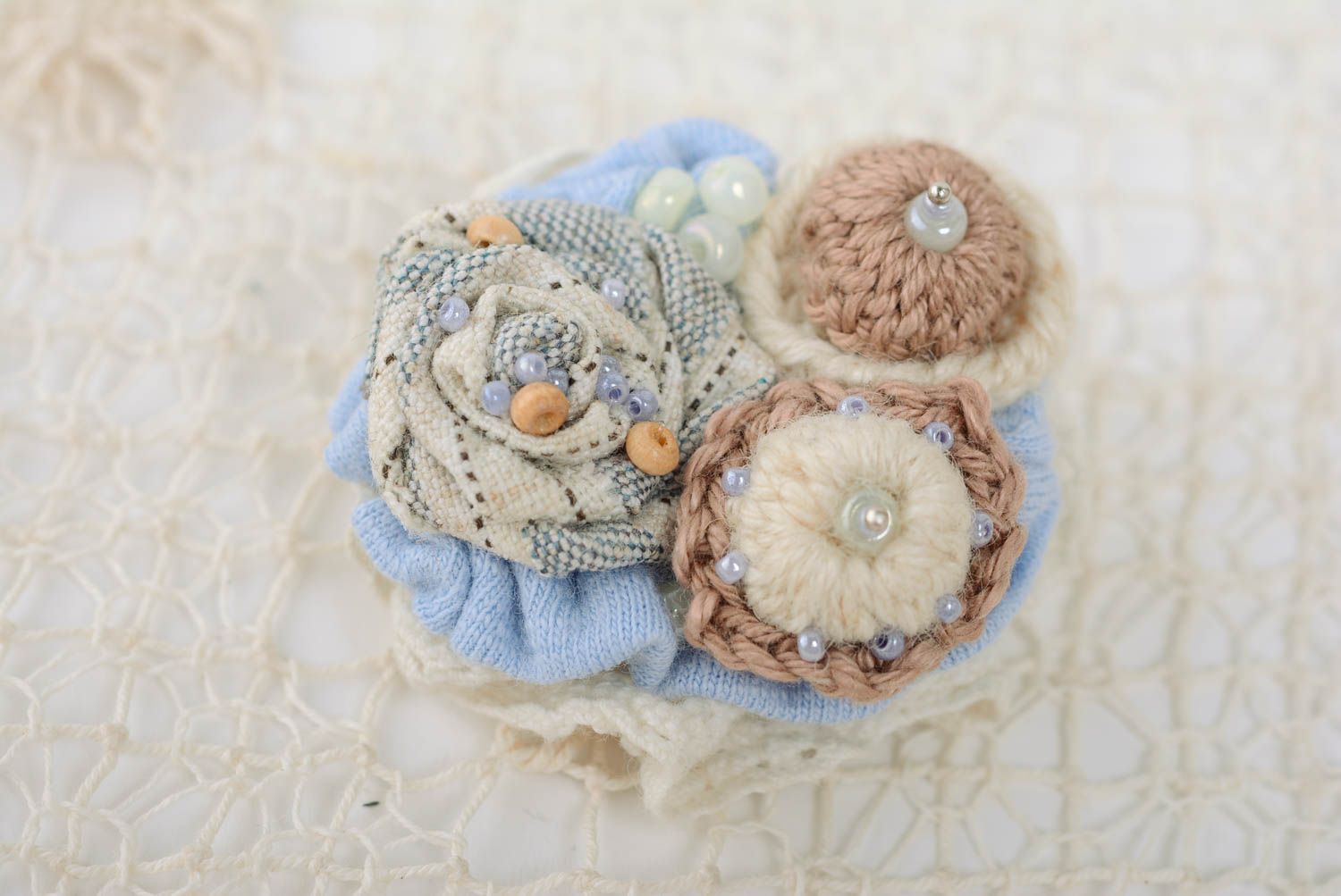 Handmade designer tender blue and beige woolen crochet brooch with beads  photo 1