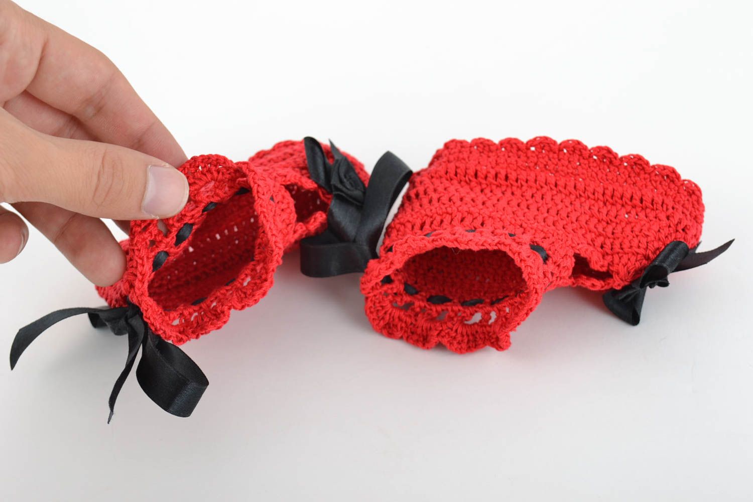 Red and black handmade designer baby booties crocheted of cotton threads photo 5