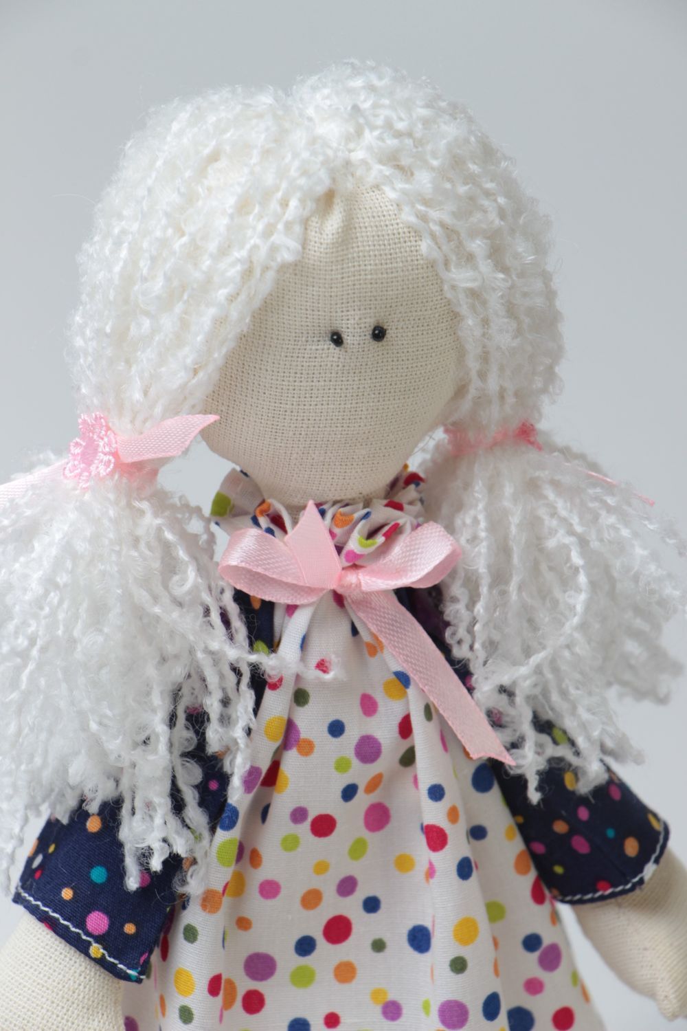 Handmade designer cotton soft doll girl in polka dot dress and violet shoes photo 3