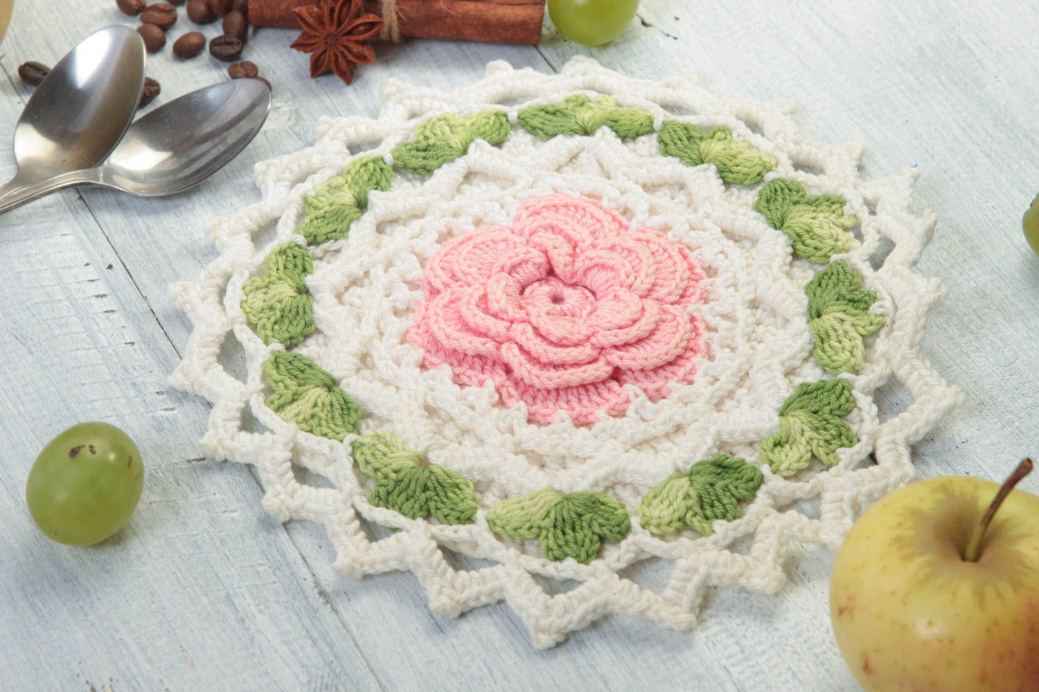 Manique au crochet faite main Textile de cuisine avec rose Accessoire cuisine photo 1