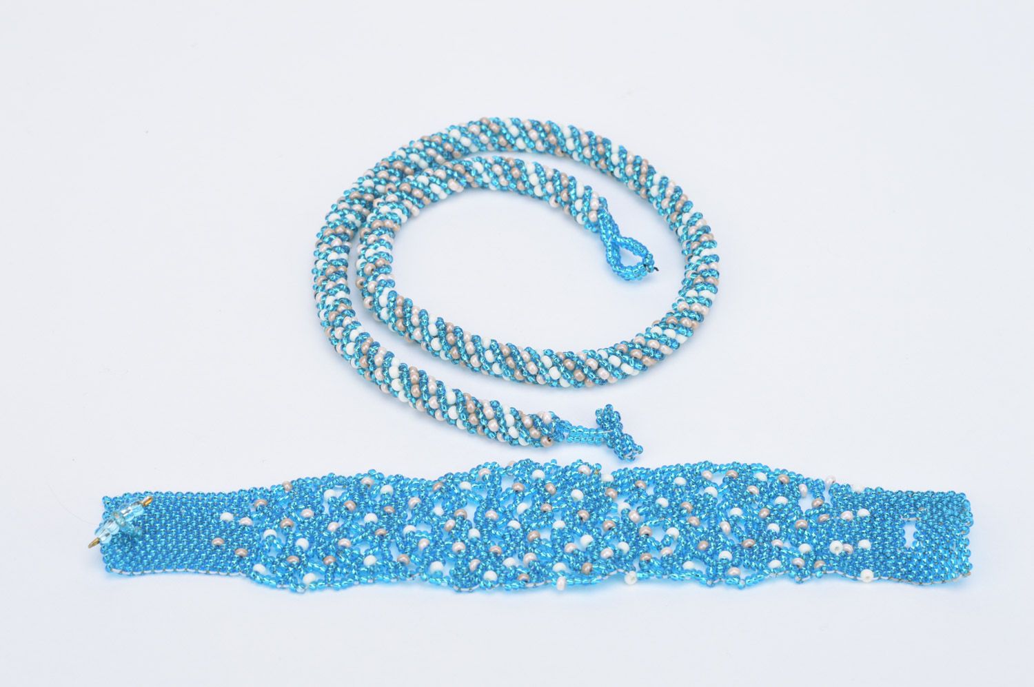 Handmade beaded jewelry set 2 items necklace and wrist bracelet in blue color photo 5