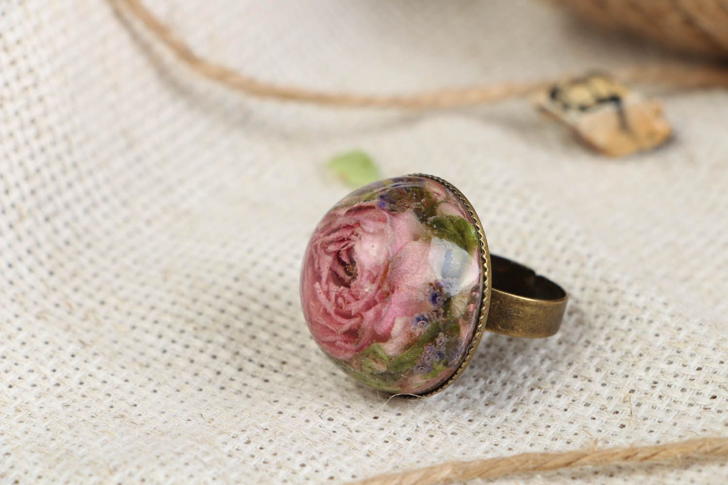 Ring with natural rose in epoxy resin photo 1