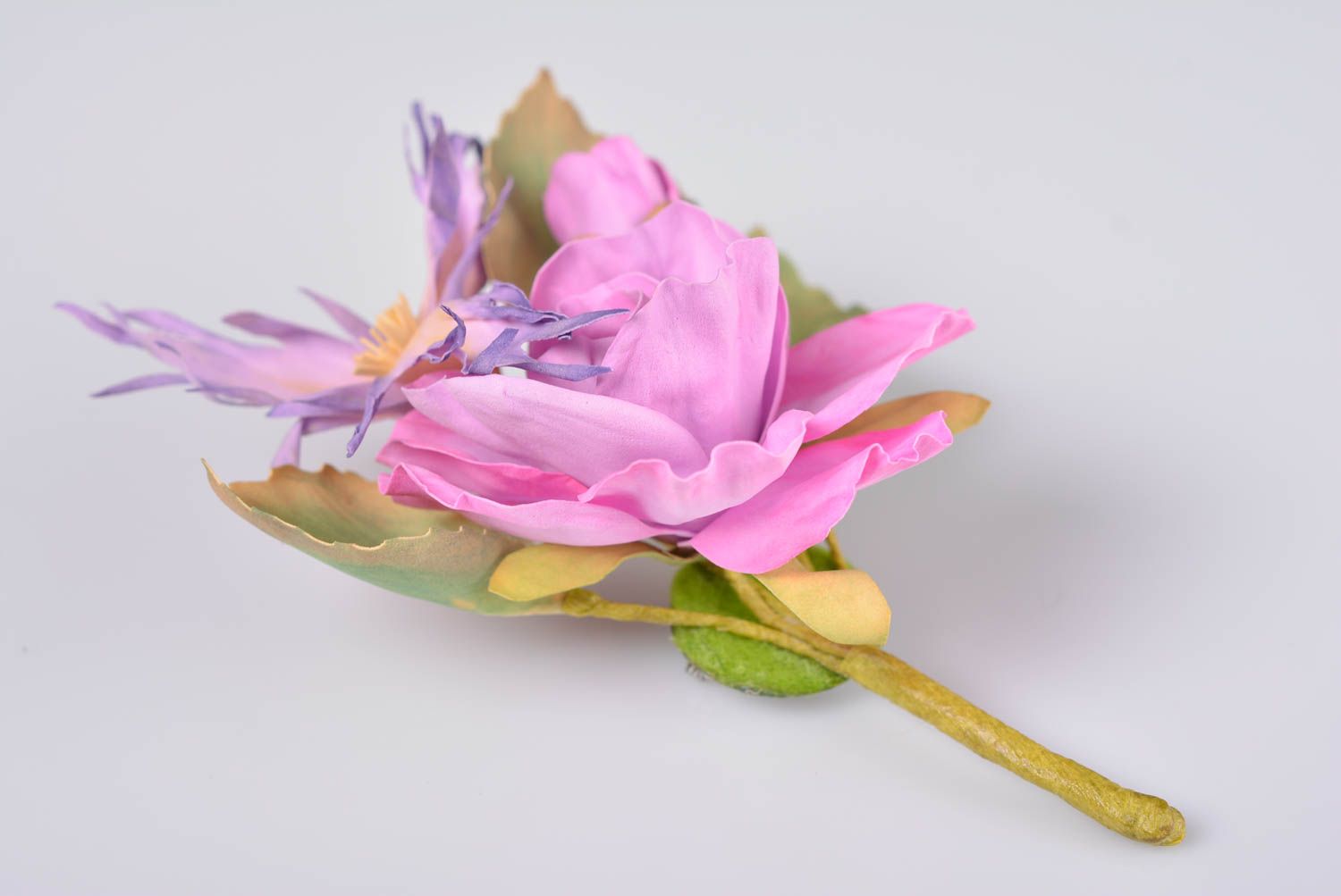 Beautiful women's handmade foamiran flower brooch of pink color photo 5