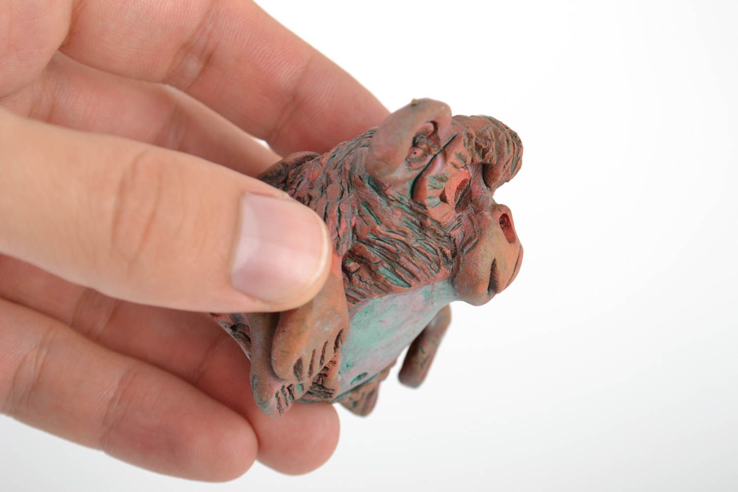 Figurine singe en argile faite main marron peinte originale décorative photo 2