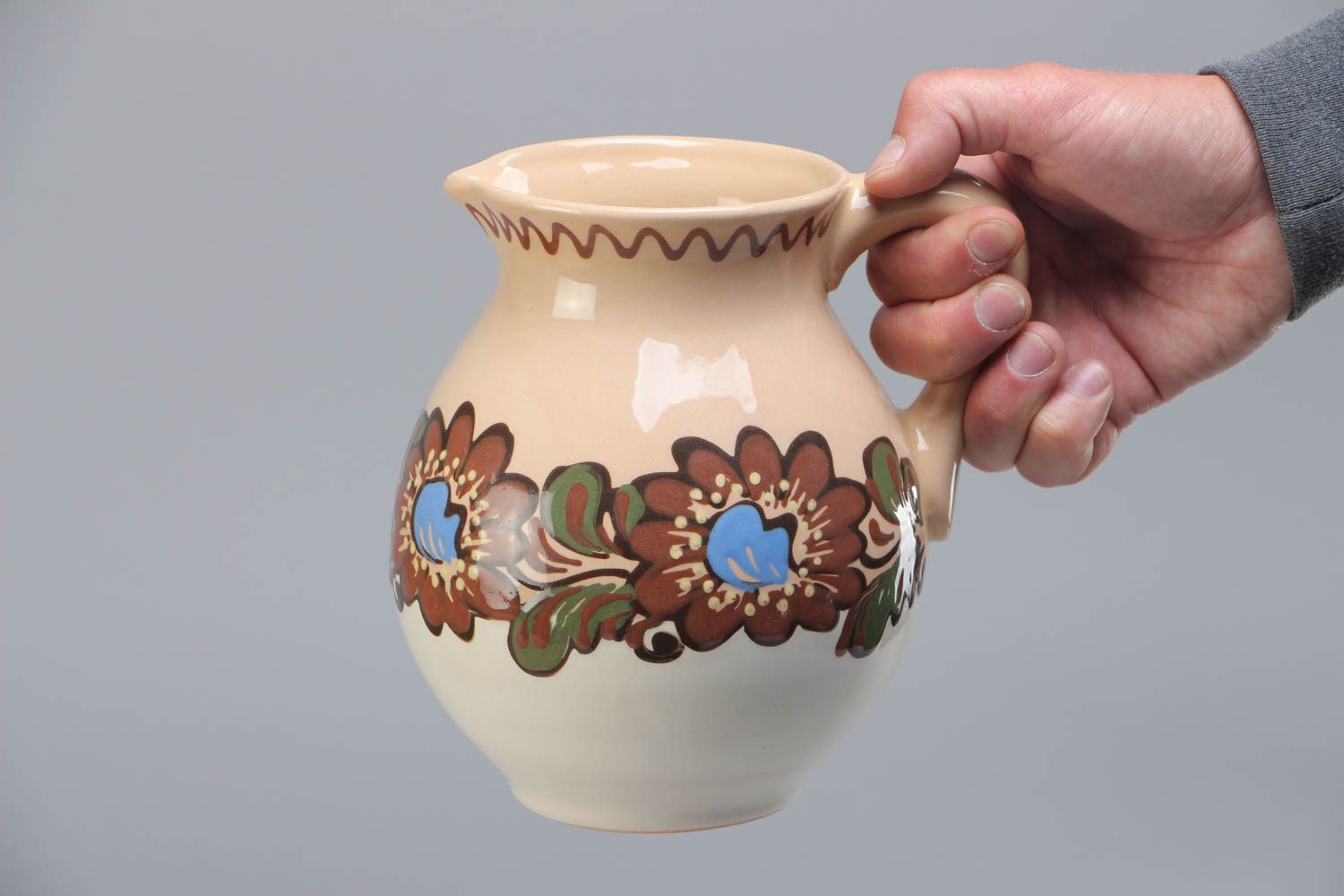 Bemalter Krug aus Ton 2 L handgemacht Öko Geschirr beige mit braunen Blumen foto 5